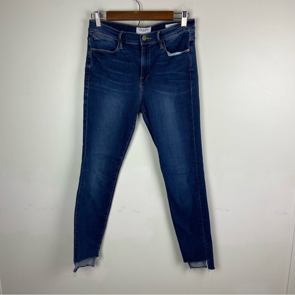 Frame Denim Le High Skinny Stagger Raw Hem Jeans Cropped Medium Wash 29
